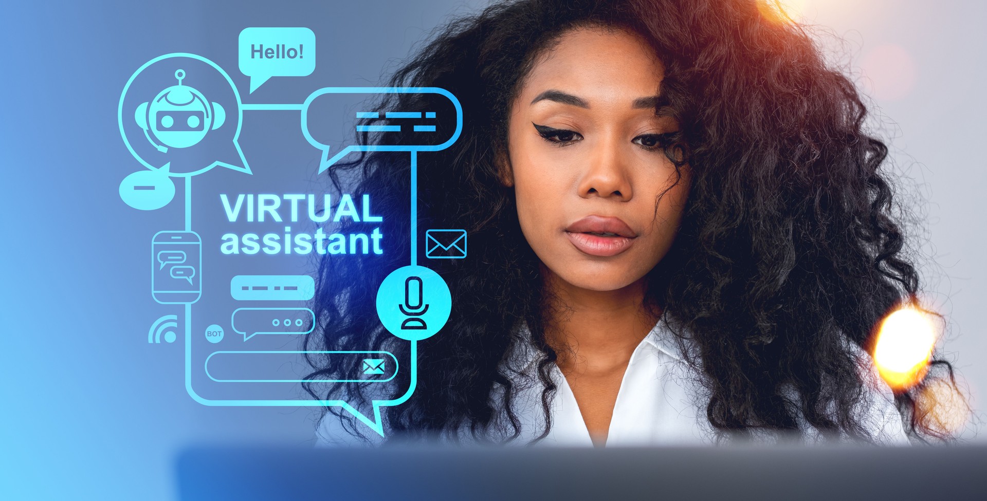 Black woman and virtual assistant hologram with glowing communication icons